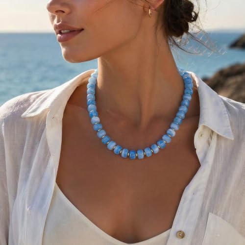 Chunky Beaded Necklace for Women, Colorful Boho Statement Necklace, Gold Chunky Resin Large Bead Necklace, Waterproof Summer Beach Jewelry Gifts for Women - color: Lake Blue