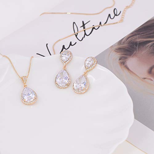 Elegant Jewelry Set for Women Silver Teardrop CZ Drop Earrings and Necklace | Square Teardrop Cubic Zirconia Rhinestone Jewelry Sets Bridal Jewelry Sets for Wedding Bride Bridesmaids Mother of Bride - style: Guardian Angel (14k Yellow Gold Plated)