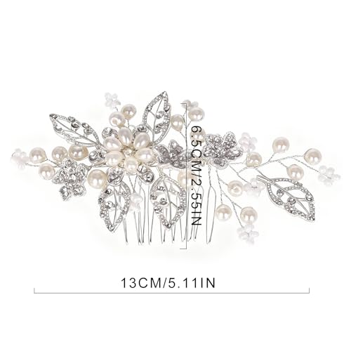 Flower Leaf Design Wedding Hair Comb, Metal Bridal Hair Accessory with Rhinestone, Wedding Prom Hair Clip Headpiece for Women (Silver Flower) - color: Silver Flower