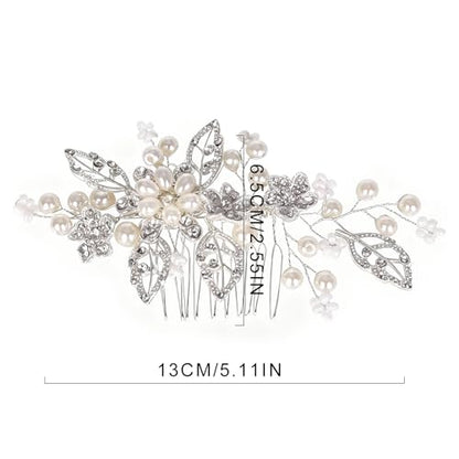 Flower Leaf Design Wedding Hair Comb, Metal Bridal Hair Accessory with Rhinestone, Wedding Prom Hair Clip Headpiece for Women (Silver Flower) - color: Silver Flower