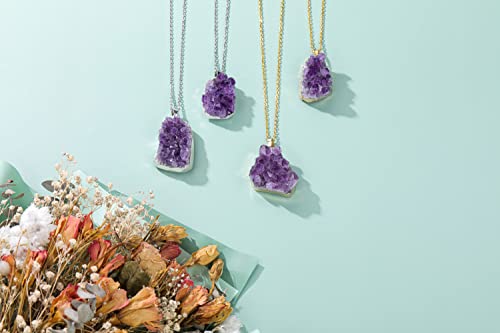 Jovivi Natural Amethyst Cluster Crystal Necklace for Women Men,Irregular Raw Rough Amethyst Quartz Stone Pendant Necklace Jewelry for Spiritual Reiki Healing,Beauty, Love and Positive Energy - color: Silver Plated