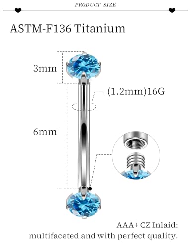 16G Astm F136 Titanium Eyebrow Piercing Jewelry Curved Barbell Eyebrow Ring Vertical Labret Lip Jewelry Daith Rook Earrings Navel Small Belly Button Ring Piercing Jewelry for Women Men CZ - style: 16G, 6MM Length, Ocean blue CZ
