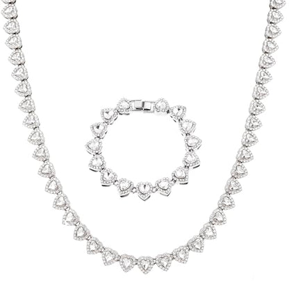 fasone Rhinestone Hearts Necklace, Iced Out Hearts Jewelry，Silver Tennis Necklace For Women，Tennis Necklaces For Women, Heart Tennis Necklace - color: White_15.7inch/8inch