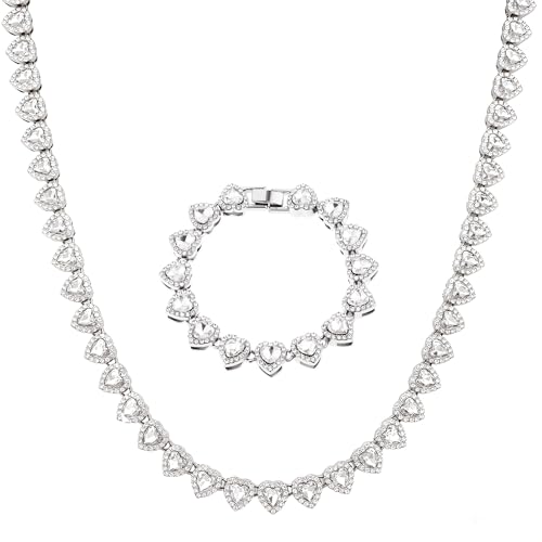 fasone Rhinestone Hearts Necklace, Iced Out Hearts Jewelry，Silver Tennis Necklace For Women，Tennis Necklaces For Women, Heart Tennis Necklace - color: White_15.7inch/7inch