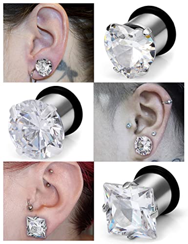 8G 6G 4G 2G 0G 1/2 inch Stainless Steel Ear Gauges - Round, Square, Heart, Cubic Zirconia - 3mm to 12mm - Silver, 3 Pairs - color: Gauge=2g=6mm