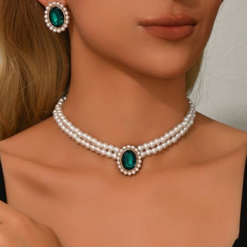 CSIYANJRY99 Pearl Necklace and Earring Set Faux Pearl Jewelry Sets for Women Imitation Beaded Pearl Necklace Bracelet Stud Earrings for Women - color: Green Zircon Pearl Set
