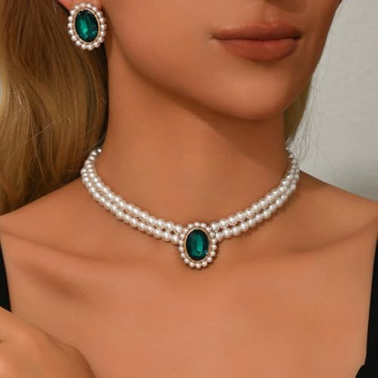 CSIYANJRY99 Pearl Necklace and Earring Set Faux Pearl Jewelry Sets for Women Imitation Beaded Pearl Necklace Bracelet Stud Earrings for Women - color: Green Zircon Pearl Set