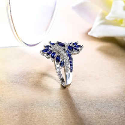 Statement Flower Ring Cocktail Leaf Ring Birthstone Anniversary Signet Ring | Hypoallergenic|14K Gold Plated|Sterling Silver Sparkling Engagement Promise Party Ring for Women, Size 6 to 10(With Box) - color: Leaf - Sapphire