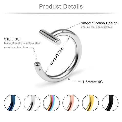 14G T Shaped Stainless Steel Gothic Clip on Non piercing Double Fake Cuff Lip Nose Ring Septum Hoop Women Men 6pcs - color: 6PCS - Mix Color 3#