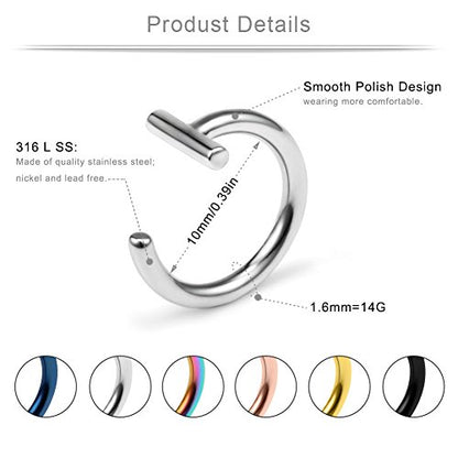14G T Shaped Stainless Steel Gothic Clip on Non piercing Double Fake Cuff Lip Nose Ring Septum Hoop Women Men 6pcs - color: 6PCS - Mix Color 3#