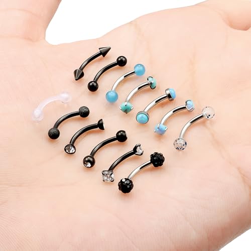 16g 8/10mm Silver/Black/Rose-Gold/Rainbow Eyebrow Piercing Jewelry Rings Curved Barbell Vertical Labret Lip Surgical Steel Small Belly Button Snake Eyes Tongue Rook Earrings for Women Men - color: Black / Blue, size: 16g*8mm*3mm