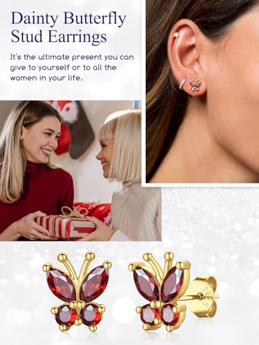 Suplight Butterfly Stud Earrings 925 Sterling Silver 14K Gold Brithstone Earrings for Women Brithstone Jewelry Gifts - color: 01.January ( Garnet), size: Gold