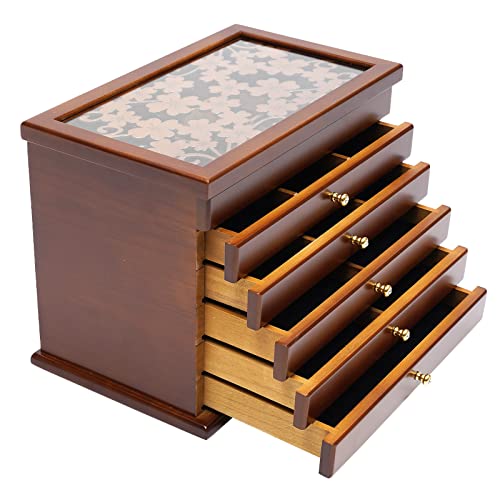 Jewelry Box for Women, 6-Tier large Wooden Jewelry organizer Vintage 5 Drawers Cabinet Jewelry Storage Box Case with Velvet Organizer for Storage Earrings Rings Bracelet (Wood Color) - color: Wood Color