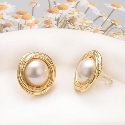 Pearl and Rhinestone Stud Earrings for Women Retro Statement Earrings Wedding Party Prom Jewelry - color: Big Pearl-Gold