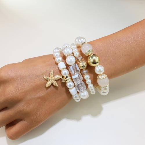 Bohemian Pearl Bracelet Set, 4 Piece Elastic Stretch Beaded Wrist Chain with Starfish Pendant, Boho Faux Pearl Multi-Color Stackable Bracelets for Women - color: Clear