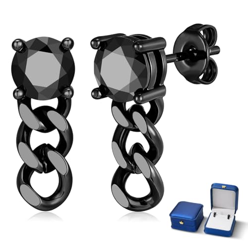 Black Moissanite Stud Earrings for Men Women with Dangling Cuban Links Hypoallergenic Punk Hoop Earrings Mens Jewelry Gifts - color: B- 1.6 carats-(0.8ct*2)-6mm-Round Moissanite Studs