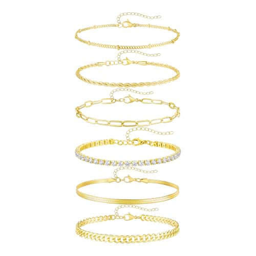Fesciory 14K Gold Ankle Bracelets for Women, Layered Stackable Anklet Set | 6 Pcs Anklet Set, Layered Ankle Bracelet, Cuban Link Design, Stackable Plus Size, Adjustable Fit, Summer Beach Jewelry - color: Set6-Gold 6Pcs