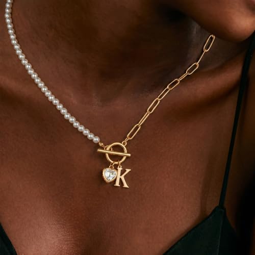 Initial Pearl Necklace for Women, 14K Gold Plated Paperclip Chain | Toggle Clasp, Heart CZ Initial Necklace,Gold Necklace for Women,Bridesmaid Wedding Gifts Jewelry - color: Gold-H