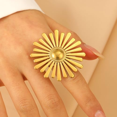 Vintage Sun Wrap Band Statement Ring for Women Men Stainless Steel 18k Gold Plated Trendy Adjustable Large Sunburst Knuckle Thumb Finger Open Band Stackable Rings Boho Delicate Jewelry for Her Mom
