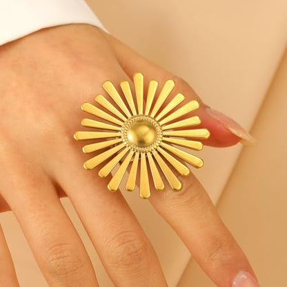 Vintage Sun Wrap Band Statement Ring for Women Men Stainless Steel 18k Gold Plated Trendy Adjustable Large Sunburst Knuckle Thumb Finger Open Band Stackable Rings Boho Delicate Jewelry for Her Mom