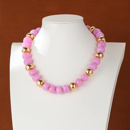 Resin Chunky Colorful Beaded Necklace | Adjustable Boho Statement Necklace,Summer Beach Party Jewelry - color: Pinkish-purple