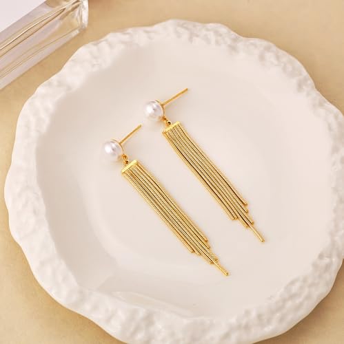 Robaice 14K Gold Plated Dangle Earrings for Women, Long Drop Earrings | Dainty Tassel Earrings Trendy, Hypoallergenic Dangling Lip Block Snake Chain, Threader Earrings for Women, Jewelry Gifts - color: Gold 1