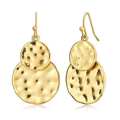 Antique Gold Hammered Disc Drop Earrings Boho Earrings with Two Tone Jewelry Gift - color: AMZ-EH21299A-L