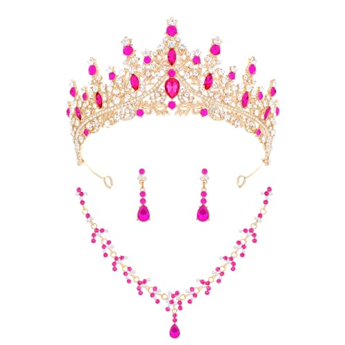 Crystal Crown and Tiara Jewelry Set for Women Bride with Necklace Earrings | Metal Rhinestone Royal Queen Princess Jewelry Set Wedding Quinceanera Pageant Prom Birthday Halloween Party Costume Gift - color: Style E-Hot Pink