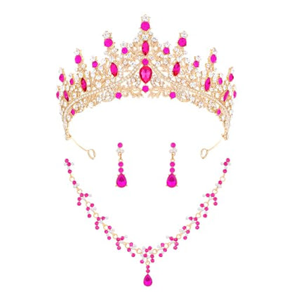 Crystal Crown and Tiara Jewelry Set for Women Bride with Necklace Earrings | Metal Rhinestone Royal Queen Princess Jewelry Set Wedding Quinceanera Pageant Prom Birthday Halloween Party Costume Gift - color: Style E-Hot Pink