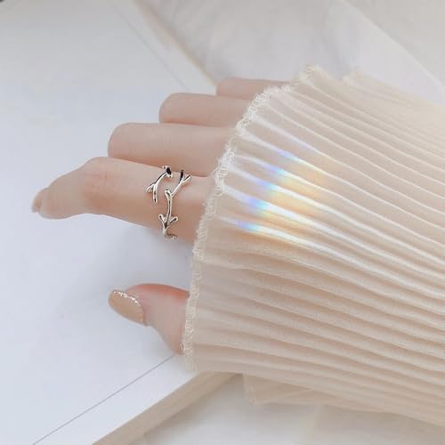 Adjustable Leaf Stackable Rings for Women Cubic Zirconia Stones Blue Leaves Purple Flower Open Band Stacking Finger Sliver Rings Fashion Plant Floral Aesthetic CZ Jewelry - color: branch