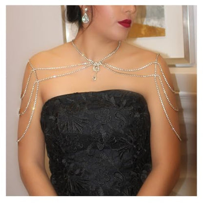 Rhinestone Tassel Shoulder Chain Necklace,Multi-Layered Rhinestone Shoulder Arm Chain Sexy Rave Crystal Fringe Back Chain Bridal Wedding Shoulder Body Jewelry for Women - color: Gold