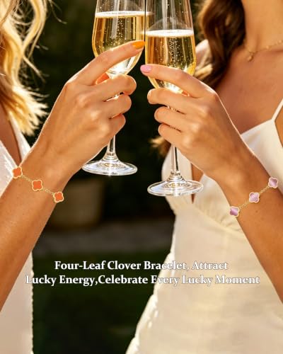 Four Leaf Clover Bracelet for Women 18K Gold Plated Stainless Steel 4 Leaf Link Chain Adjustable Bracelets Lucky Gift for Women/White/Black/Rich Red/Emerald Green/ Navy Blue/Pink Bracelets - color: Orange/Gold