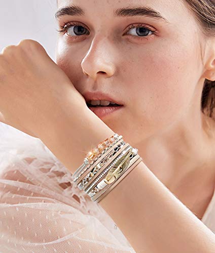 Leather Wrap Bracelet Set 3Pack Wrist Cuff Bracelet for Women Multilayer Magnetic Clasp Bracelet Feather Tree Bead Crystal Bracelet - color: Crystal