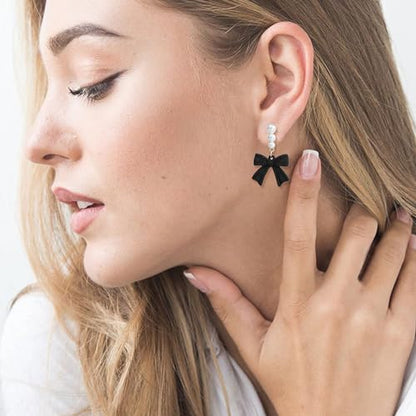 Pearl Bow Earrings for Women Coquette Aesthetic Jewelry Rhinestone Bow Earrings for Bridesmaids Wedding Party Accessories Bridal Costume Accents Bowknot Themed Gifts - color: J2: Black Bow Pearl Earrings