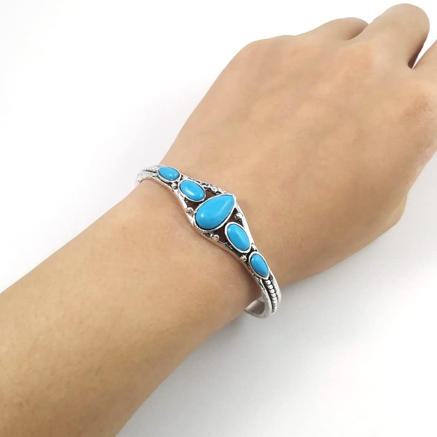 Bohemian Natural Stone Turquoise Engraved Cuff Bracelet Adjustable Wrap Bangle Western National Style for Women Gemstone Boho Jewelry - color: G