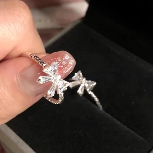 2Pcs Bow Rings for Women Elegant Sweet Coquette Ribbon Bowknot Rings Silver Dainty Crystal Bow Rings Minimalist Cute Statement Ring Adjustable Open Ring Trendy Christmas Birthday Jewelry Gift