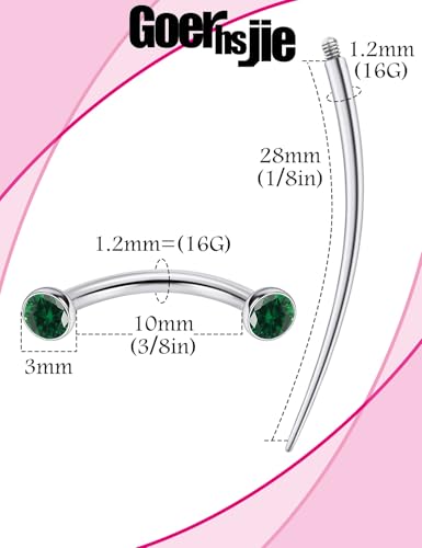F136 Titanium 16g 6/8/10mm Eyebrow/Rook/Snug/Vertical-Labret/VCH/Snake-Eyes/Anti-Tragus/Christina/Daith/Belly-Button/Bridge/Hood/Surface Curved Barbell Piercing Jewelry for Women Men - color: Green, size: 10 mm (3/8 in)