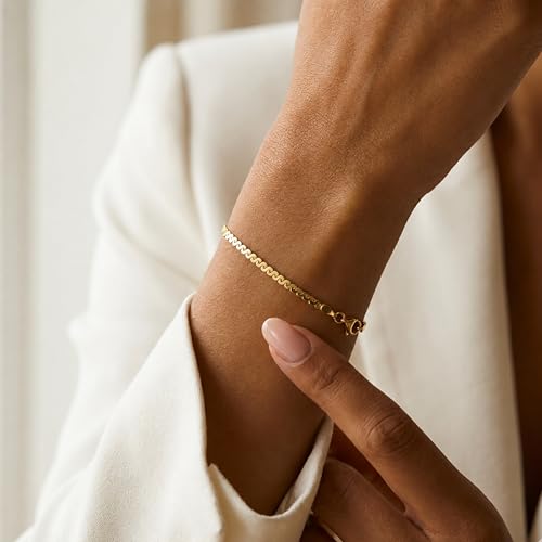 Dainty Sarpatin Chain Bracelet for Women | 925 Sterling Silver 14K Gold Plated Thin Gold Bracelet | Minimalist Serpentine Chain Stackable Jewelry Gift