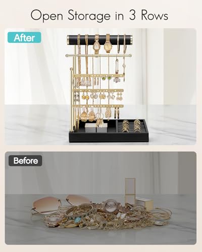 VLANDO Jewelry Stand Organizer with Ring Holder Tray, Necklace and Earring Storage for Bracelets, Watches and Rings, PU Leather Covered Wooden Tray with Gold Metal Frame - Black - color: Black