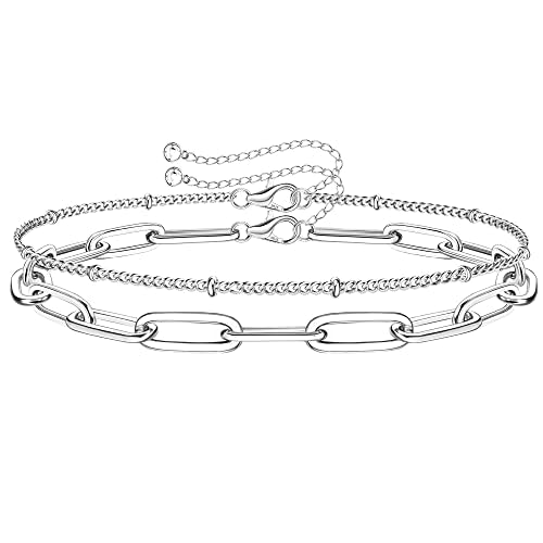 MILACOLATO 925 Sterling Silver Clasp Paperclip Chain Bracelets for Women | 14K White Gold Plated Adjustable Bracelets, Dainty Stackable Layered Satellite Beads Evil Eye Infinity Bracelets Jewelry Gift - color: Paperclip Chain + Satellite Chain