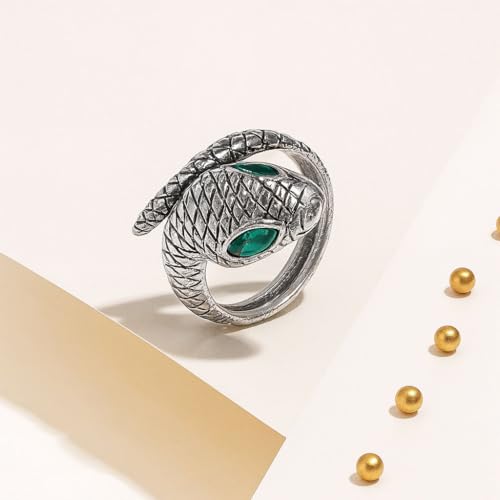 Stainless Steel Snake Ring for Men & Women Adjustable Serpent Wrap Ring with Green Blue Crystal Eye, Vintage Gothic Biker Jewelry, Non-Tarnish Open Band Statement Fashion Accessory Gift - style: Silver Snake