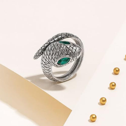 Stainless Steel Snake Ring for Men & Women Adjustable Serpent Wrap Ring with Green Blue Crystal Eye, Vintage Gothic Biker Jewelry, Non-Tarnish Open Band Statement Fashion Accessory Gift - style: Silver Snake