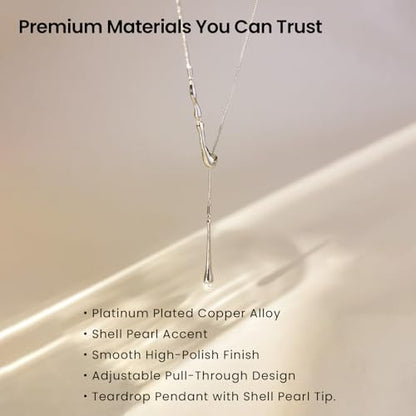 ARSIS Lariat Long Gold Necklace for Women, 18K Gold/Platinum Plated Y-Shaped Drop Dangle Pendant Necklace, Long Adjustable Pull Slider Chain Jewelry Gift for Her - color: Silver-waterdrop slider