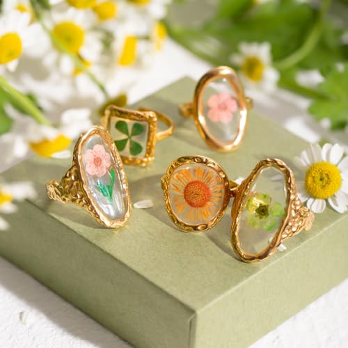 Hebelee Handmade Dried Flower Statement Ring for Women | Gold-Toned Stainless Steel,Adjustable,Pressed Blossom Forget-Me-Not Flowers Open Band Rings,Wedding Holiday Jewelry - color: Hammered Oval B