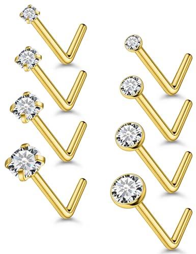 18G 20G 22G Titanium Stainless Surgical Steel Nose Rings Studs for Women L Shaped Nose Studs Screw Nose Ring Piercing Jewelry for Women Men Diamond CZ 1.5mm 2mm 2.5mm 3mm Silver Black Gold - style: 18g/Clear CZ/L-shaped/Gold