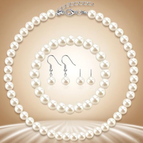 Pearl Jewelry Set for Women Faux Pearl Costume Jewelry Set with Necklace, Bracelets, Ring, Earrings for Wedding Bridal Birthday Tea Party - color: 4Pcs White