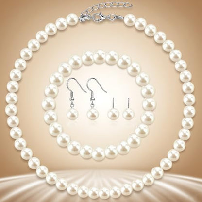 Pearl Jewelry Set for Women Faux Pearl Costume Jewelry Set with Necklace, Bracelets, Ring, Earrings for Wedding Bridal Birthday Tea Party - color: 4Pcs White