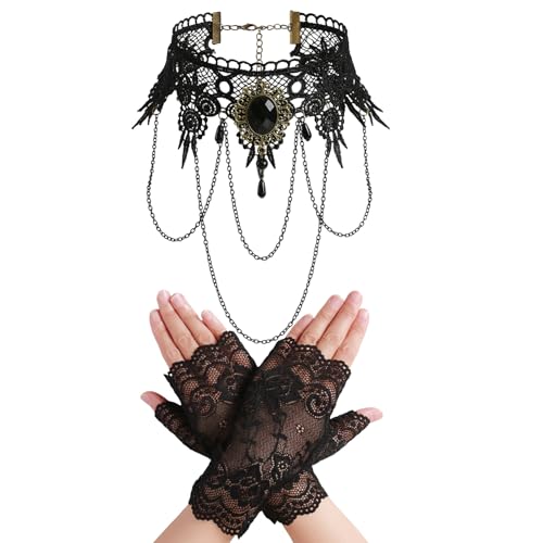 Black Lace Choker Necklace and Short Fingerless Gloves Women Gothic Vampire Witch Costume Accessories