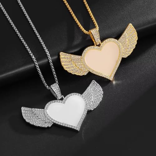Hip Hop Ice Out Angel Wings Heart Shaped Photo Frame Pendant Necklace for Men and Women Fashion Souvenirs Jewelry Gifts - color: golden