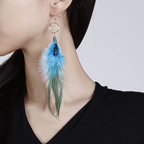 Bohemian Pheasant Peacock Long Feathers Statement Earrings Handmade Natural Lightweight Feather Dangle Earrings for Women (ea000071) - color: Dreamcatcher Blue